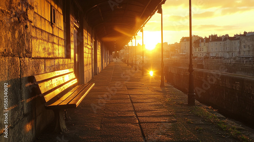 A golden sunset illuminates a train station platform with a bench and buildings in the background