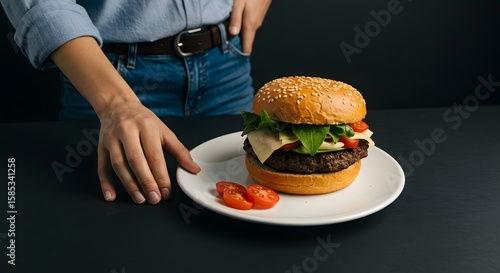 Close-Up of a Hand Reaching for a Delicious Hamburger on a Plate with Fresh Vegetables
