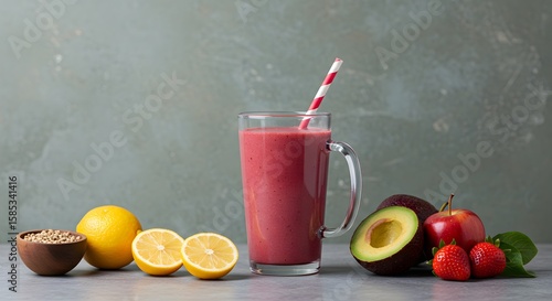 Colorful Fruit Smoothie with Avocado, Strawberries, and Lemon on a Grey Marble Background