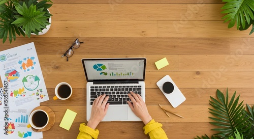 Overhead View of a Person Typing on Laptop Surrounded by Coffee Cups and Green Plants in Office