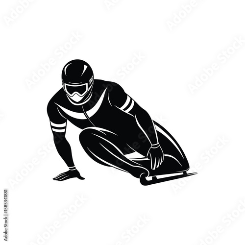 Skeleton racer in action on ice isolated on white background