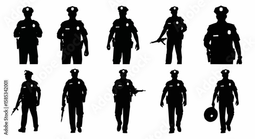 Police Officer on Patrol Silhouette Set – Law Enforcement Walking Poses in Vector Style on White Background

