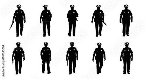 Police Officer on Patrol Silhouette Set – Law Enforcement Walking Poses in Vector Style on White Background

