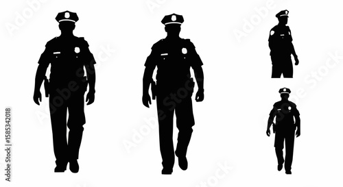 Police Officer on Patrol Silhouette Set – Law Enforcement Walking Poses in Vector Style on White Background

