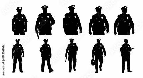Police Officer on Patrol Silhouette Set – Law Enforcement Walking Poses in Vector Style on White Background

