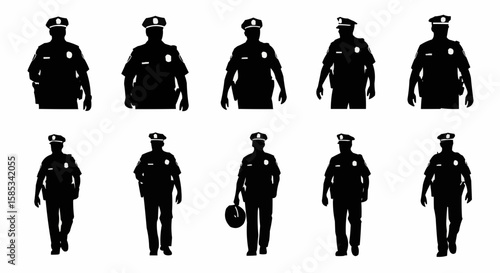 Police Officer on Patrol Silhouette Set – Law Enforcement Walking Poses in Vector Style on White Background

