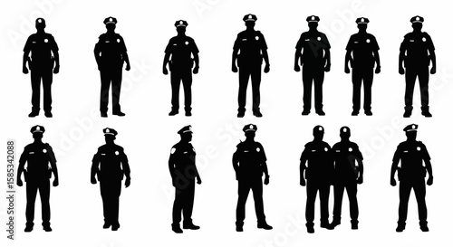 Police Officer on Patrol Silhouette Set – Law Enforcement Walking Poses in Vector Style on White Background

