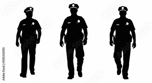 Police Officer on Patrol Silhouette Set – Law Enforcement Walking Poses in Vector Style on White Background

