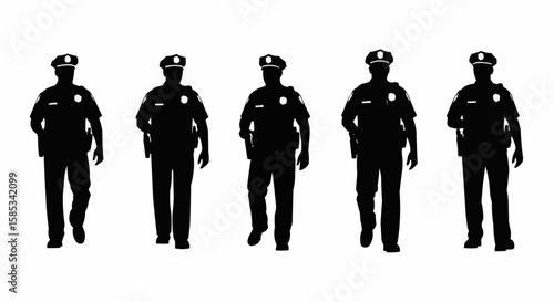 Police Officer on Patrol Silhouette Set – Law Enforcement Walking Poses in Vector Style on White Background

