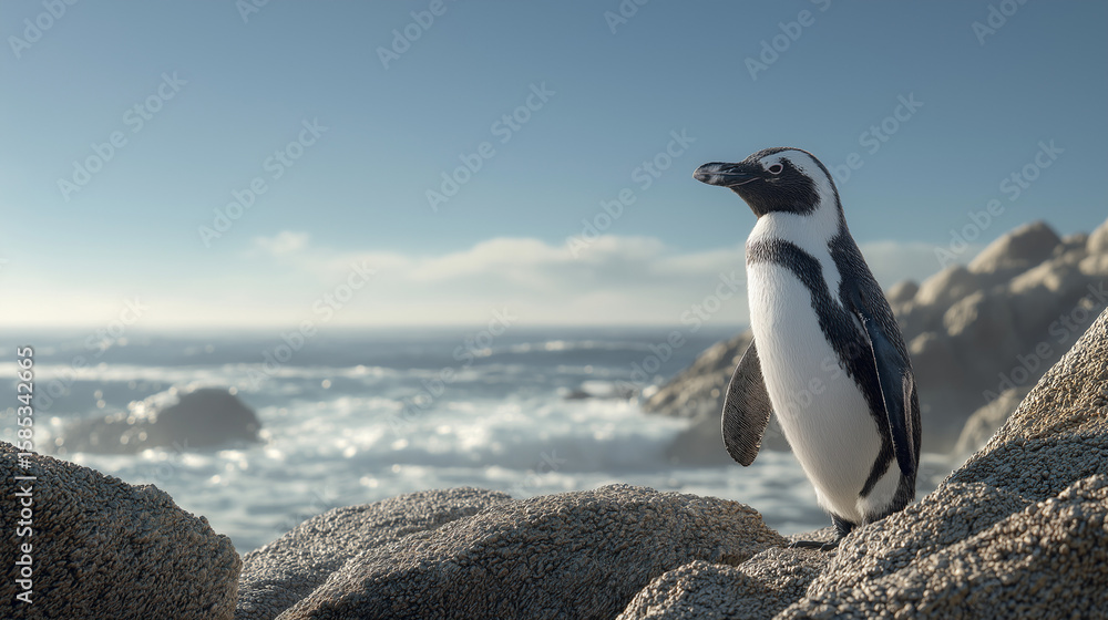Naklejka premium African Penguin Standing Upright on Rocky Coast