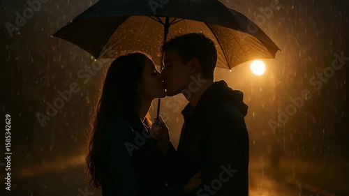 Romantic couple shares a kiss under an umbrella in the rain at night on a quiet street