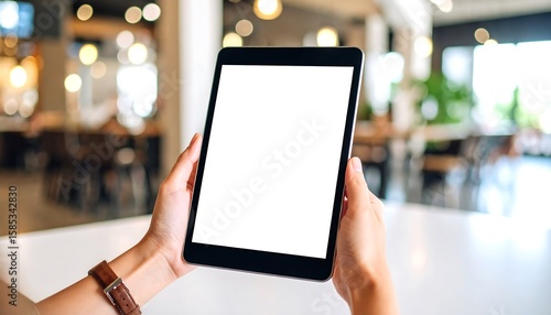 Hands holding a tablet with a blank screen in a cafe