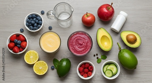 Colorful Arrangement of Fresh Fruits and Smoothies on a Wooden Surface for Healthy Eating