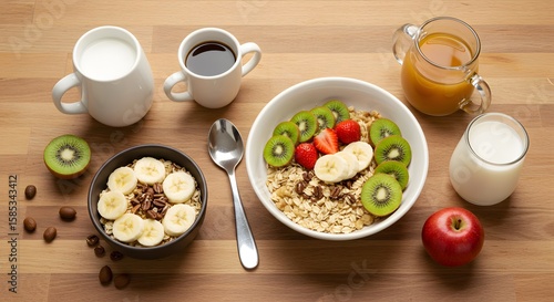Healthy Breakfast Spread Featuring Oatmeal and Fresh Fruit on a Wooden Table with Beverages