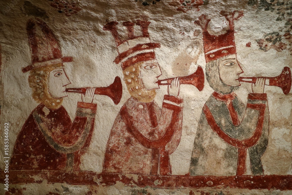 Naklejka premium Medieval wall-painting portraying mortals on their path to heaven