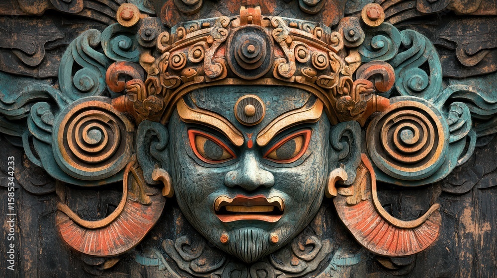 Naklejka premium Intricate, carved wooden mask with detailed designs.
