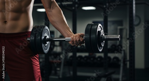 Close-Up of a Strong Man Holding a Heavy Dumbbell in a Modern Gym During Weightlifting Session