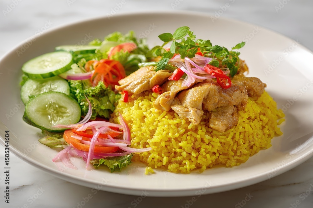 Turmeric rice topped with savory chicken, garnished with fresh herbs and a vibrant salad of cucumbers, red onions, and lettuce on a white plate Turmeric rice topped with savory chicken, garnished with fresh herbs and a vibrant salad of cucumbers, red onions, and lettuce on a white plate