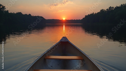 Canoe trip at sunset on a calm river with trees on both sides reflecting the sun in the water view from canoe