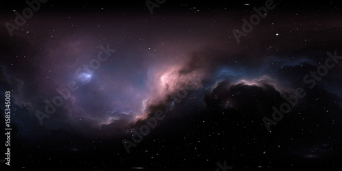 360 degree space nebula. Giant interstellar cloud with stars, equirectangular projection, environment map. Spherical panorama. 3D rendering, Fractal image