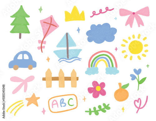 Crayon drawn kid doodle collection. Colorful hand drawn like cloud, flower, rainbow, sky. Adorable kid's drawing vector isolated scribble for element, design, asset, material