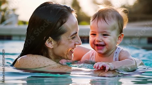 Mother playing with her baby in an outdoor swimming pool at sunset