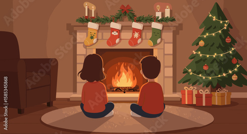 Siblings by Fireplace in Cozy Holiday Living Room – Flat Vector Style