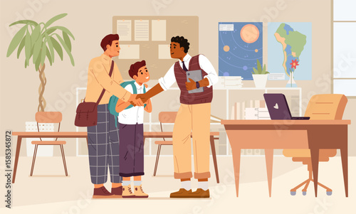 African American teacher meets his student and his father in the classroom flat vector illustration.