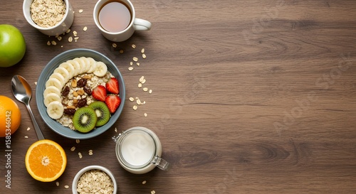 Colorful Healthy Breakfast Composition with Fruits Oats and Beverages on Wooden Table