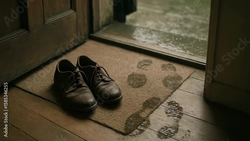 Wet shoes left at the entrance on a rainy day with footprints on the mat