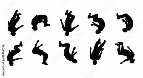 Man Doing Backflip Silhouette Set – Dynamic Jump and Flip Poses in Vector Style on White Background