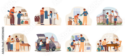 Father and son school life flat vector scenes set. Father involved in his primary school boy son daily life Buying stationary, school uniform, talking to teacher, making homework, meets and drives to 