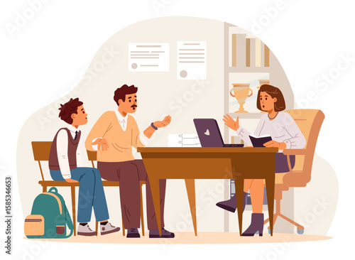 Для ИнтернетаFather with his primary school student son talking to school principal in her office flat vector illustration.
