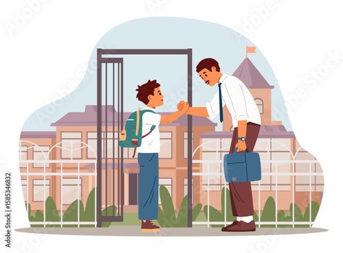 Father takes to school his son in uniform with backpack before work or meets him from school shaking hands flat vector illustration.