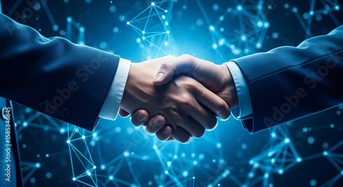 Business partners shaking hands with a glowing blue digital network in the background