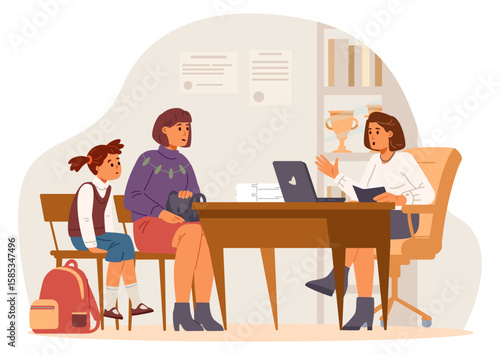 Mother with her primary school student daughter talking to school principal in her office flat vector illustration.