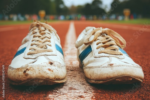 Worn running shoes on a track