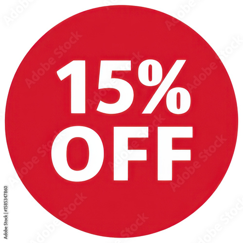 Red circular sticker indicating 15 percent off discounts for sale promotions
