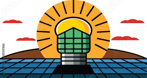 A collection of illustrations showcasing solar energy panels, often with prominent sun motifs and varying perspectives, emphasizing renewable energy and sustainable technology