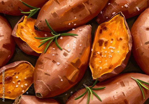 Warm baked sweet potato digital painting. Cozy aesthetic and nutritional value of orange vegan cuisine.