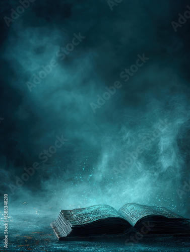 Open ancient book glowing with magical blue light and smoke