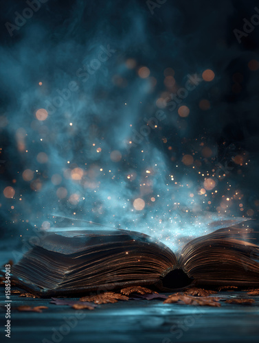 Open ancient book with glowing magic dust and smoke