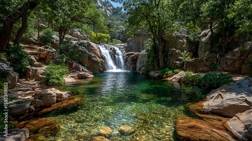 Vivid Natural Waterfall in Clear Pool with Lush Landscape  
