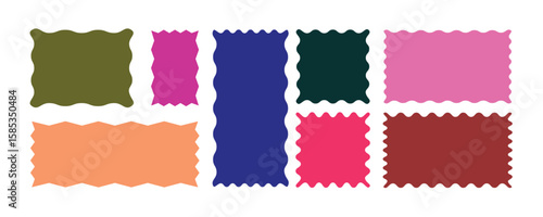  Geometric shapes with scallop and zigzag edges set. Silhouette stickers circle, square, oval and rectangle labels. Set of frames with zigzag edge, scallop edge shape. red color frame.