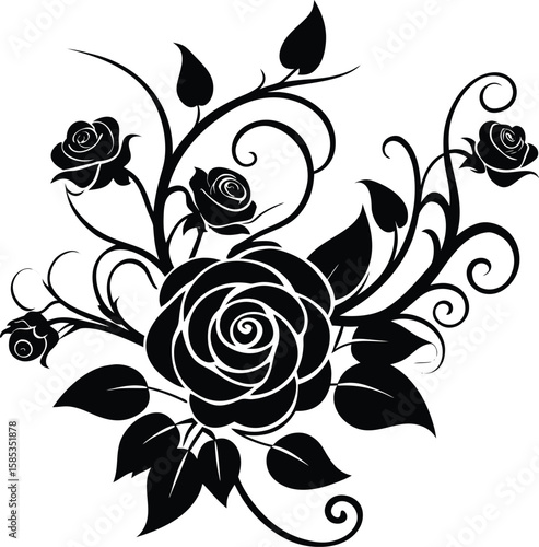 Swirling Vine and Rose Cluster Silhouette