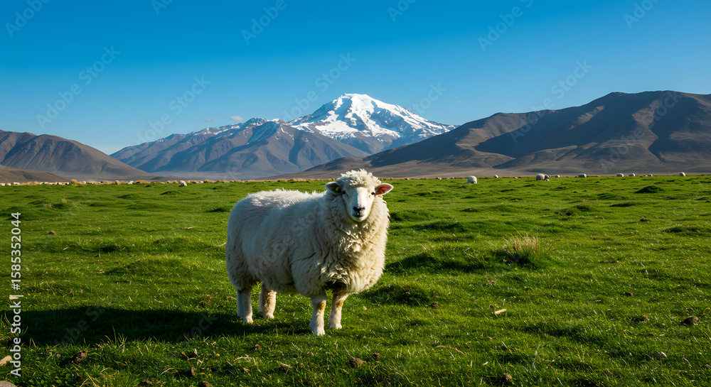Fototapeta premium Fluffy white sheep in a grassy field, majestic mountain backdrop.