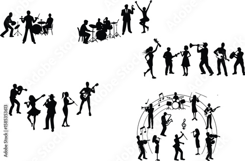 A digital illustration featuring multiple black silhouettes of musicians performing various activities. The compositions include a drummer, a singer, guitarists, and other instruments....