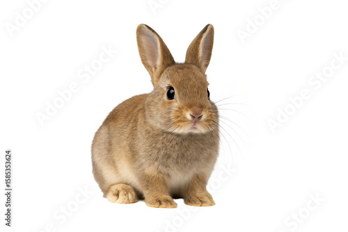 Cute brown baby rabbit sitting  isolated. Fluffy bunny with alert ears and bright eyes, perfect for Easter, pet care, and animal-themed concepts, transparent background, clipping path