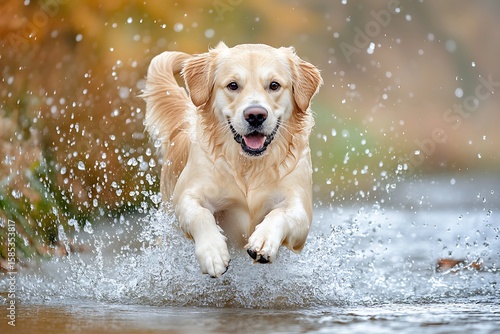 Wallpaper Mural Golden retriever dog splashing in stream autumn nature scene action photography playful environment close-up view Torontodigital.ca