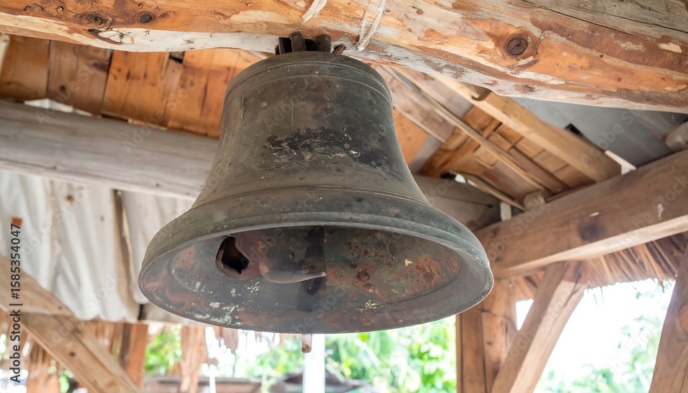 Fototapeta premium Rustic Iron Bell on Wooden Beam Old Village Tone